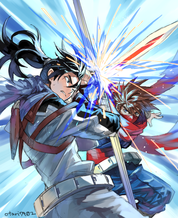 2boys, black_hair, brown_hair, indesign, long_hair, multiple_boys, ninja, ponytail