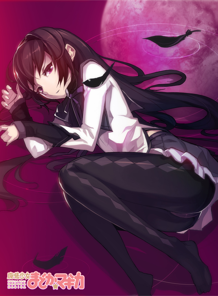 1girl, akemi_homura, argyle, argyle_legwear, bangs, black_hair, black_legwear, capelet