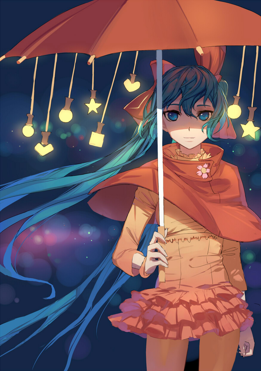 1girl, alternate_costume, aqua_eyes, aqua_hair, bow, capelet, frilled_skirt, frills