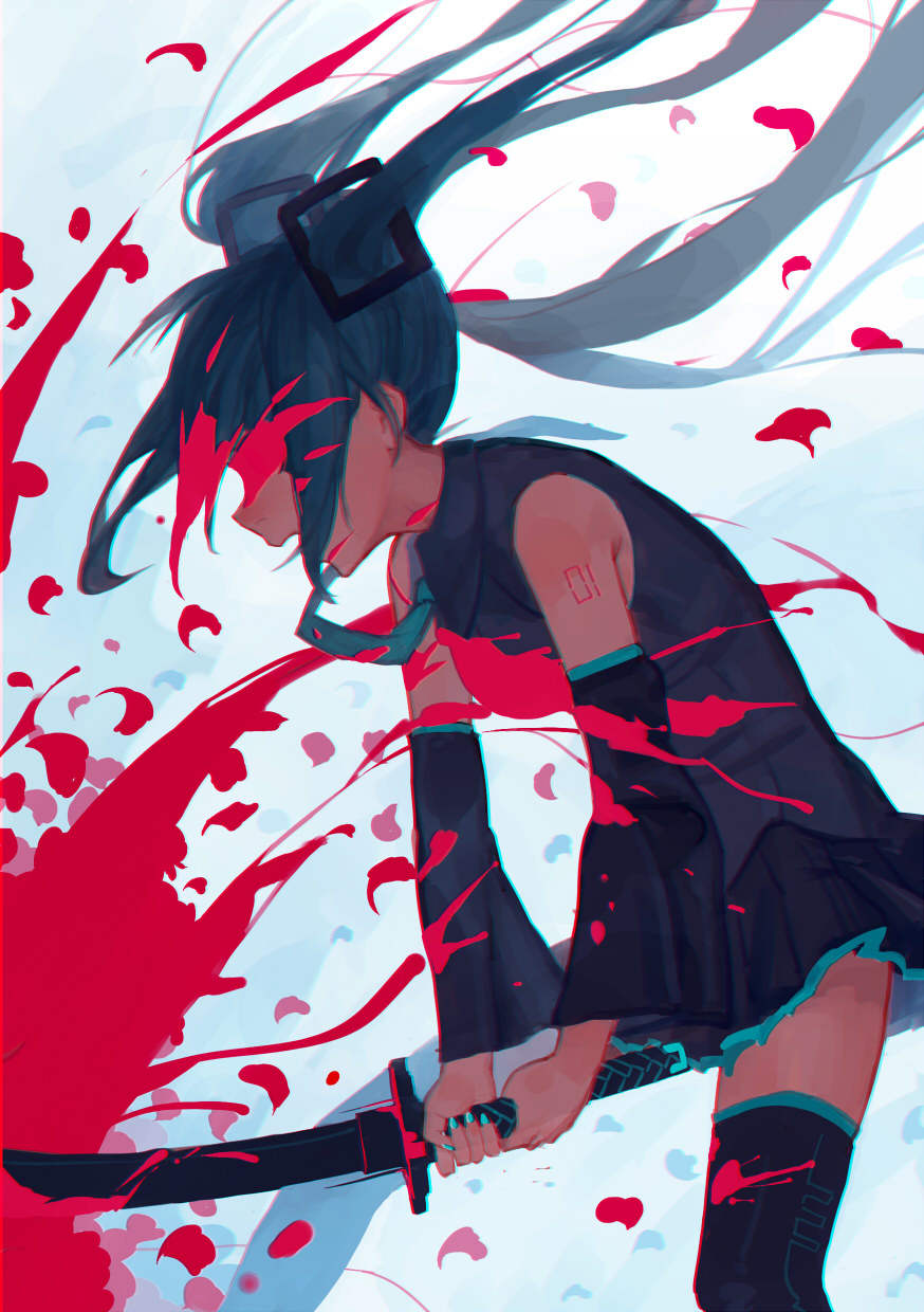 1girl, aqua_hair, blood, blood_on_face, bloody_clothes, bloody_hair, cutting, detached_sleeves