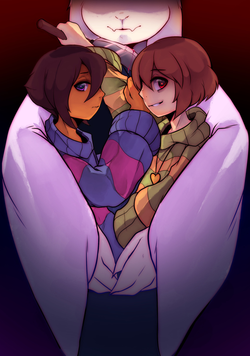 androgynous, blood, brown_hair, chara_(undertale), evil_smile, frisk_(undertale), heart, heart_necklace