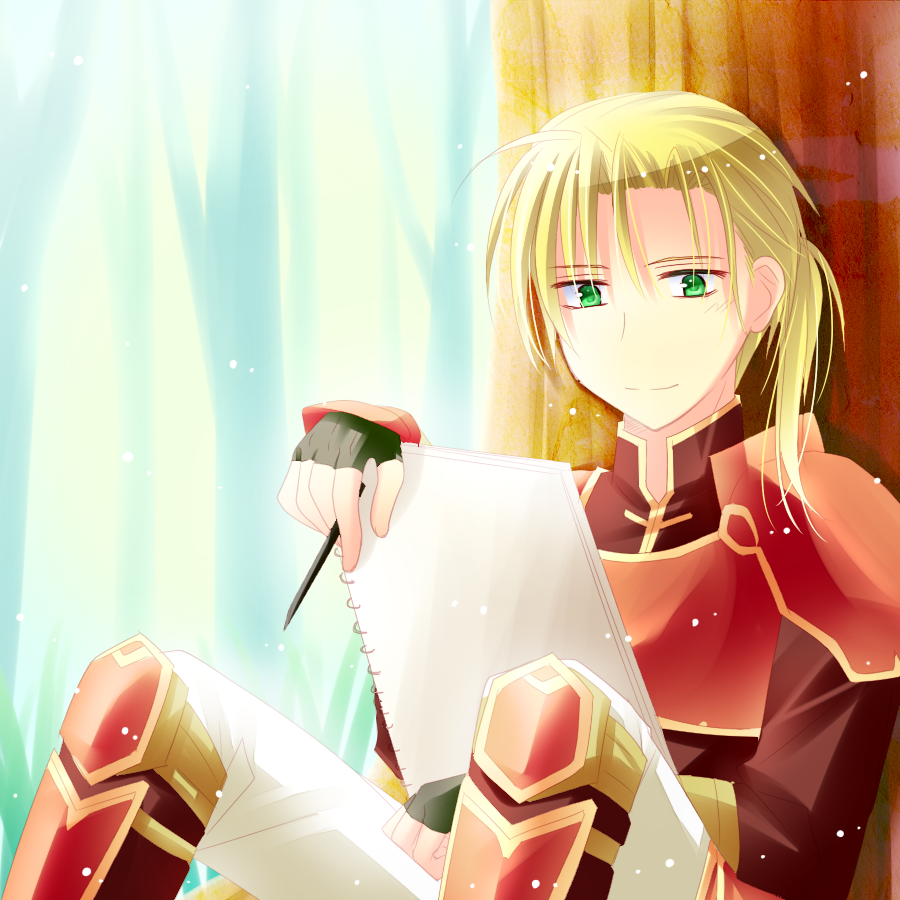 1boy, armor, armored_boots, blonde_hair, book, fingerless_gloves, fire_emblem, fire_emblem:_seima_no_kouseki