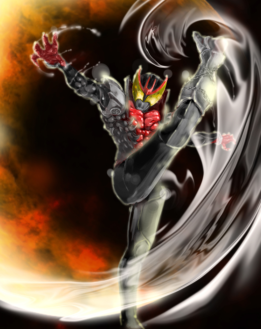 1boy, bodysuit, gauntlets, gloves, goggles, helmet, highres, kamen_rider, kamen_rider_kiva, kamen_rider_kiva_(series), kicking, looking_at_viewer, male_focus, moon, motion_lines, solo, takki_(masanorinori)
