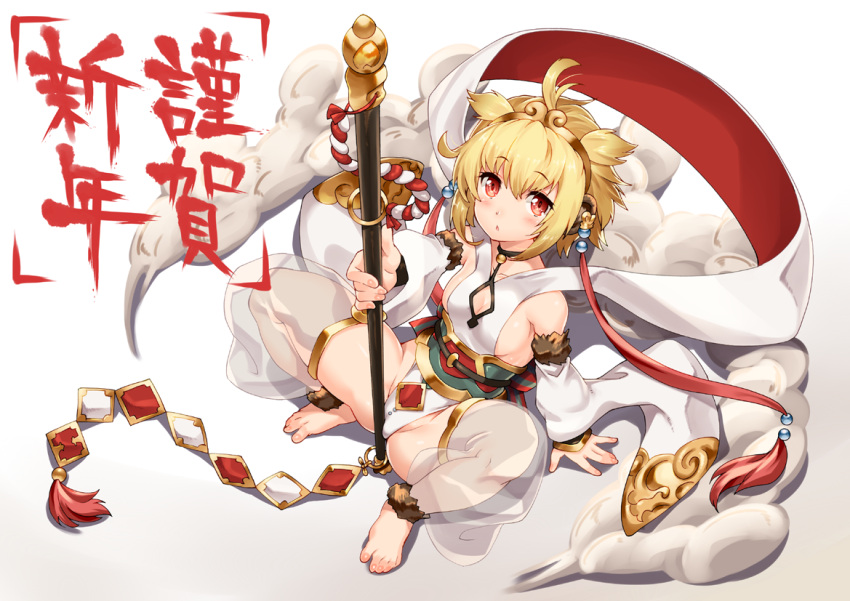 1girl, ahoge, anchira, argyle_cutout, bangs, barefoot, blonde_hair, breasts
