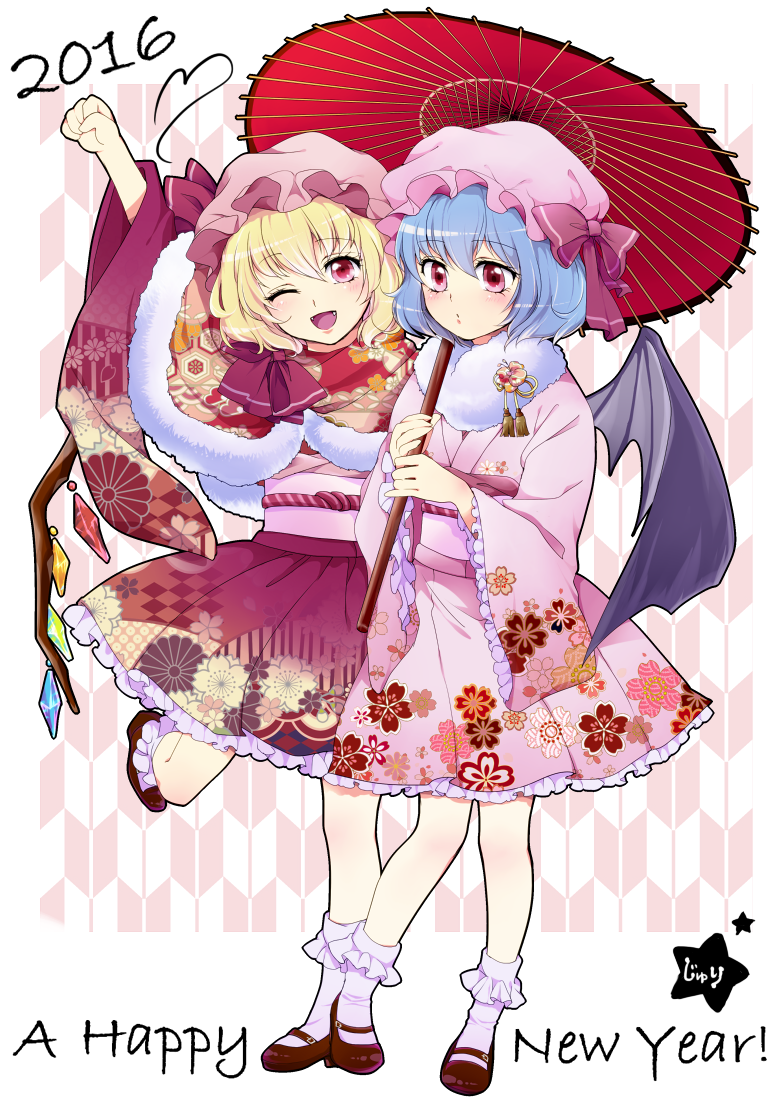 2016, 2girls, :o, ;d, arm_up, bat_wings, blonde_hair, blue_hair