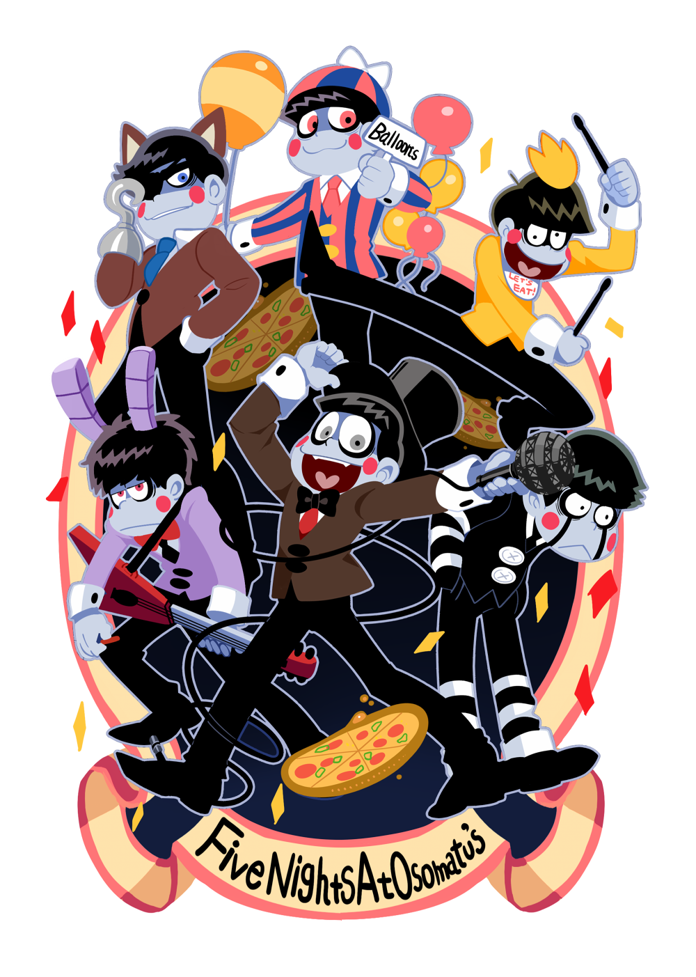 6+boys, animal_ears, balloon, balloon_boy_(fnaf)_(cosplay), bib, blue_eyes, blue_necktie, blush_stickers
