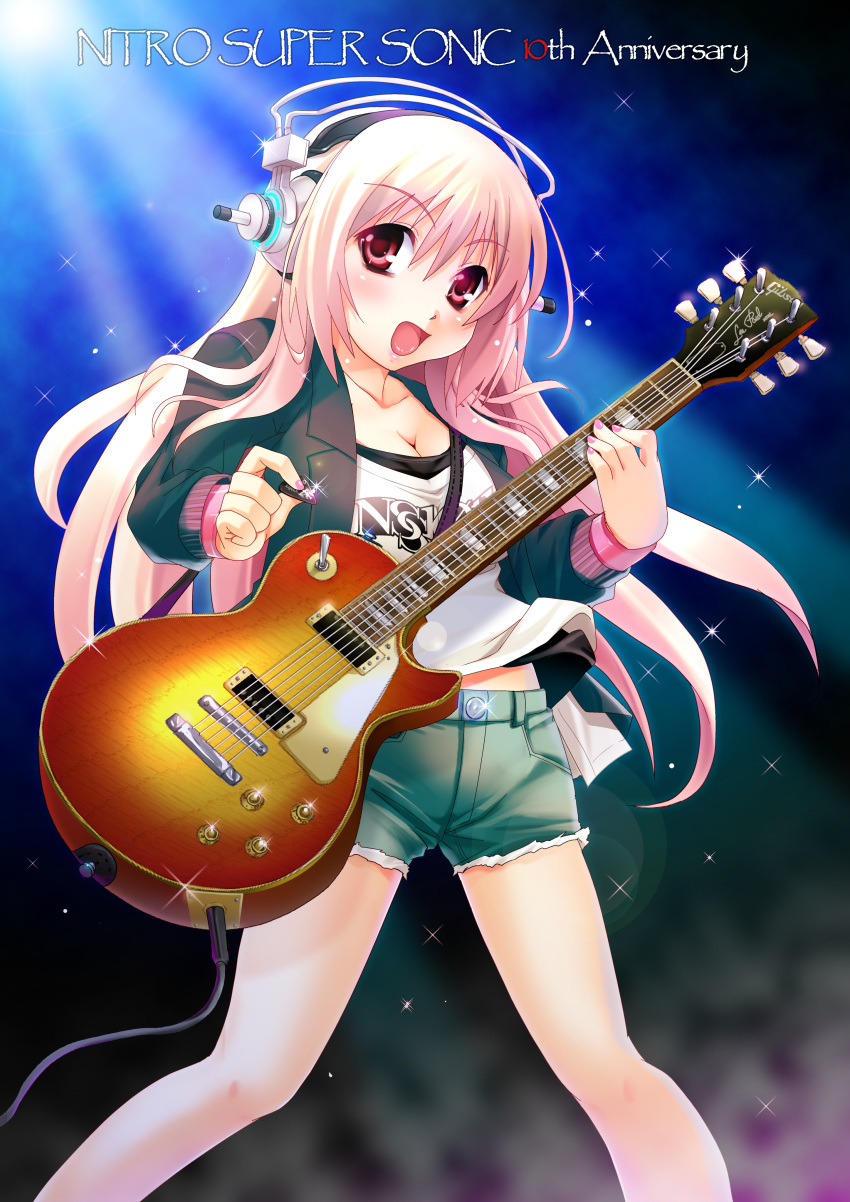 breasts, cleavage, denim, denim_shorts, guitar, guitar_pick, headphones, highres