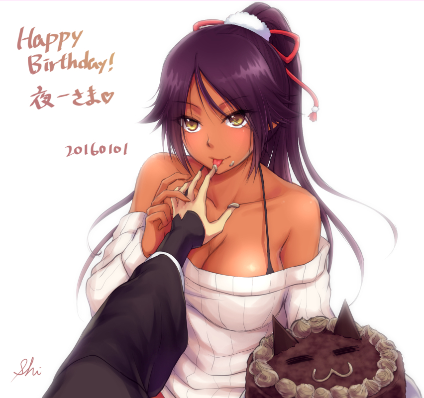 2girls, black_bra, bleach, bra, breasts, cake, chocolate, chocolate_cake, cleavage, collarbone, cream, dark_skin, dated, finger_licking, food, happy_birthday, large_breasts, licking, long_hair, multiple_girls, ponytail, purple_hair, shihouin_yoruichi, shizuhime, simple_background, sui-feng, tongue, underwear, white_background, yellow_eyes