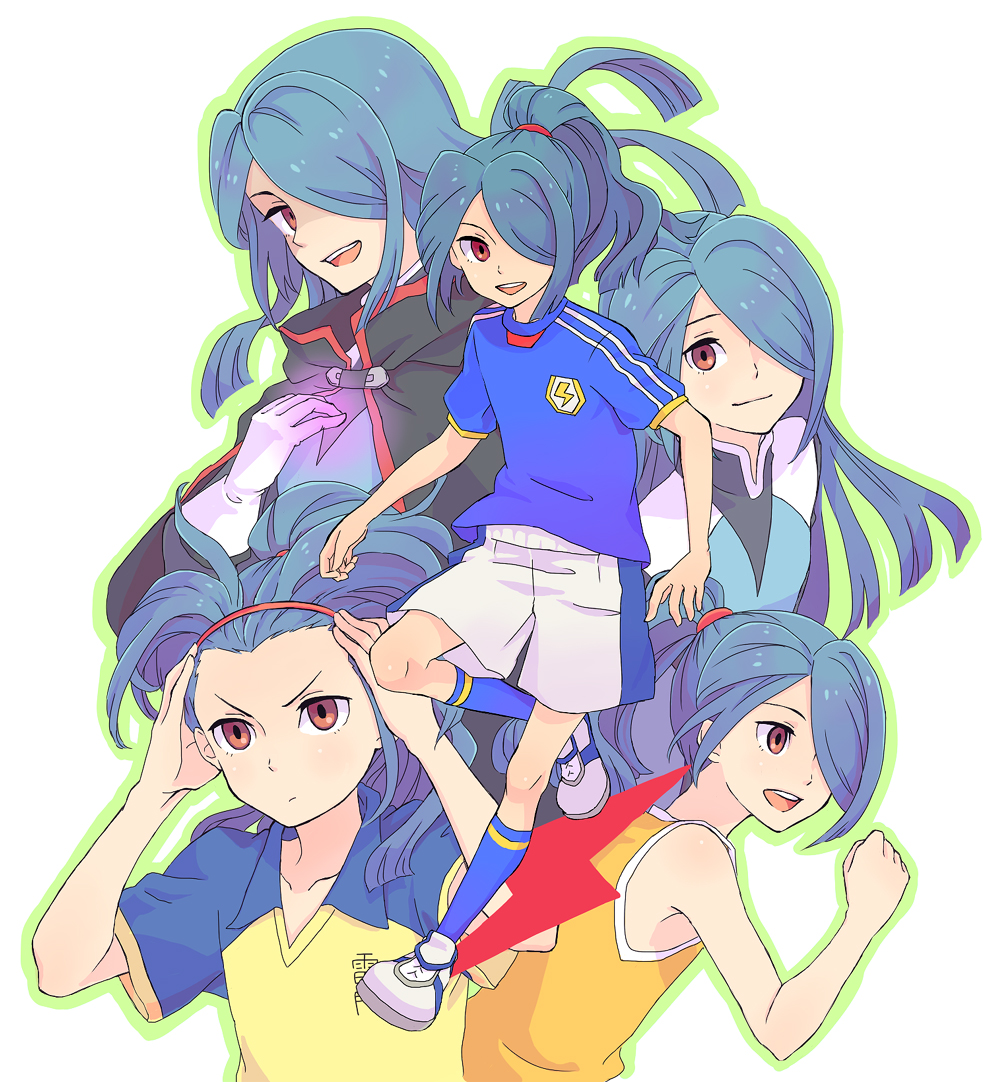 1boy, alternate_hairstyle, blue_hair, brown_eyes, collage, hair_down, hair_over_one_eye, hairband
