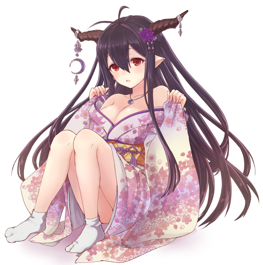 1girl, antenna_hair, breasts, cleavage, danua, floral_print, granblue_fantasy, hair_between_eyes