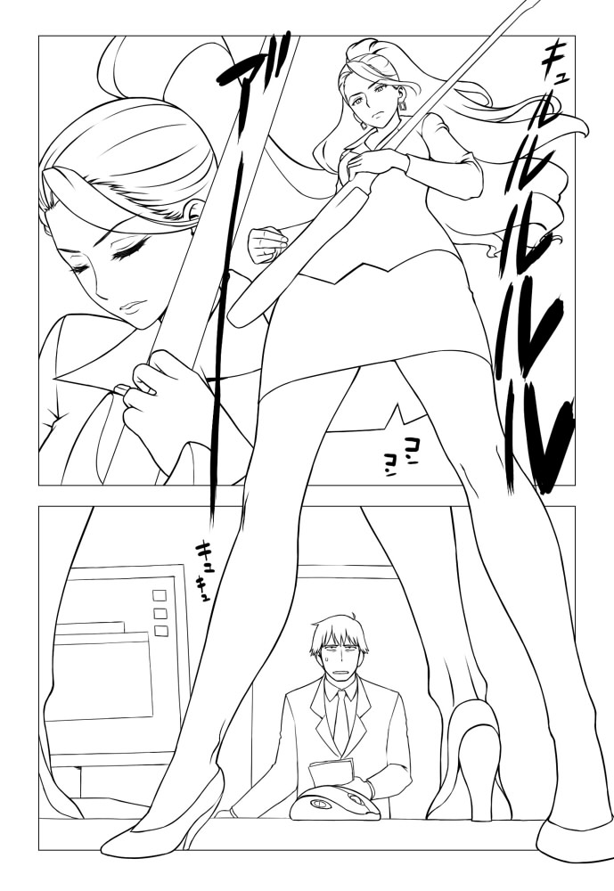 1girl, comic, computer_mouse, earrings, executive_mishiro, formal, guitar, high_heels, idolmaster, idolmaster_cinderella_girls, instrument, jewelry, long_hair, monochrome, necklace, ponytail, producer_(idolmaster_cinderella_girls_anime), standing_on_desk, suit, sweatdrop, wata_do_chinkuru