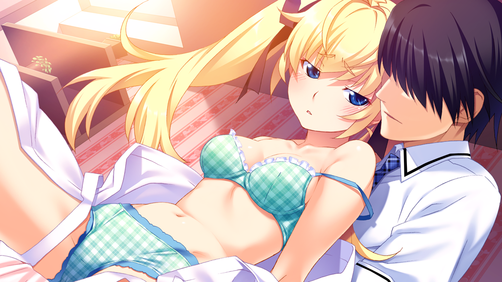 1boy, 1girl, black_hair, black_ribbon, blonde_hair, blue_eyes, bra, breasts