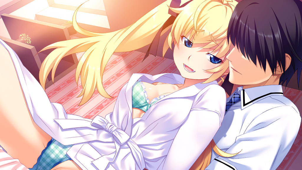 1boy, 1girl, black_hair, black_ribbon, blonde_hair, blue_eyes, bra, breasts
