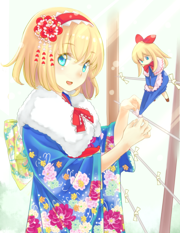 1girl, alice_margatroid, apron, blonde_hair, blue_eyes, blush, bogyaku_no_m, capelet, hair_ornament, hairband, japanese_clothes, kimono, long_hair, open_mouth, shanghai_doll, short_hair, touhou, waist_apron