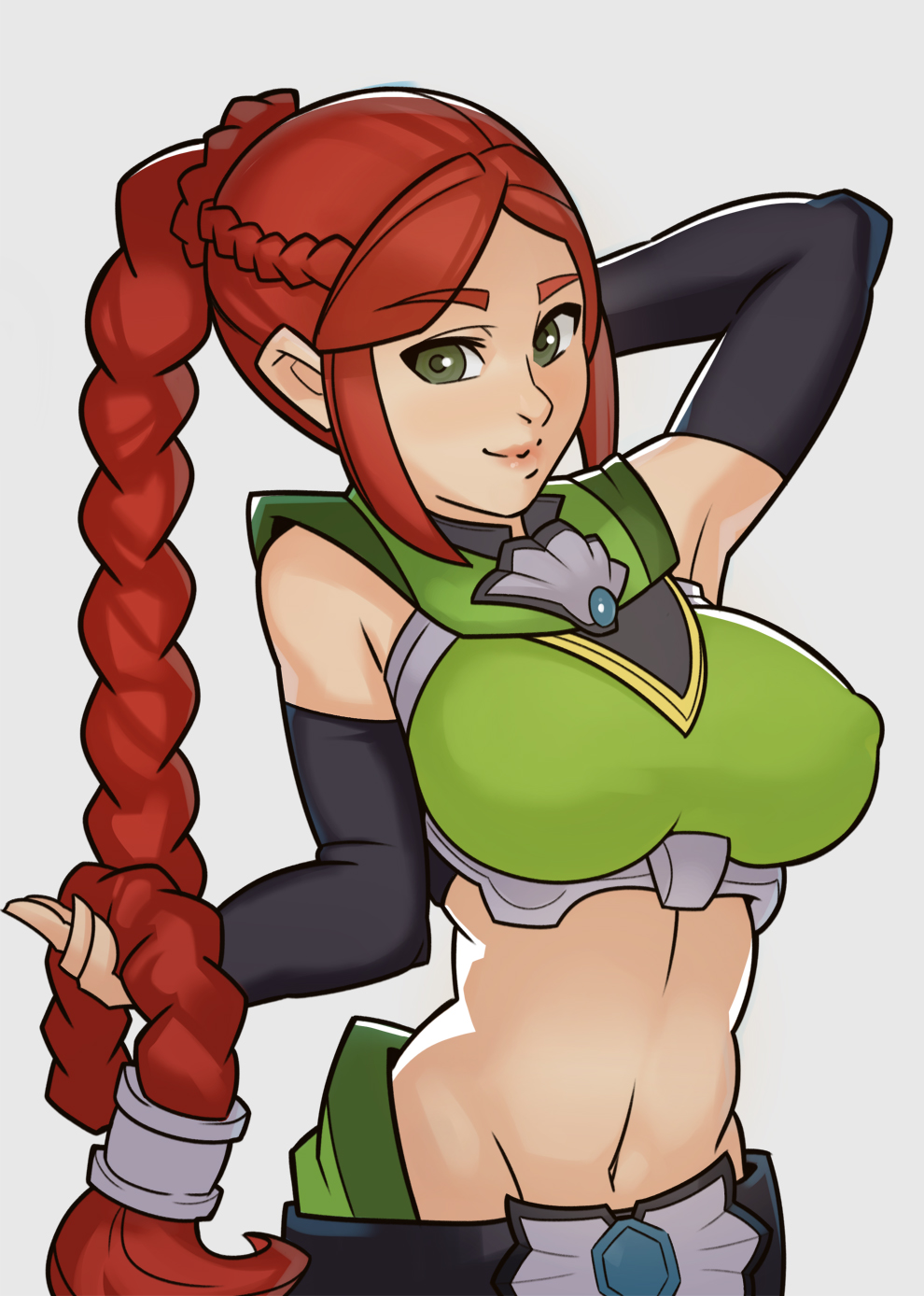 1girl, arm_up, armpits, breasts, cassie_(paladins), detached_sleeves, green_eyes, grey_background
