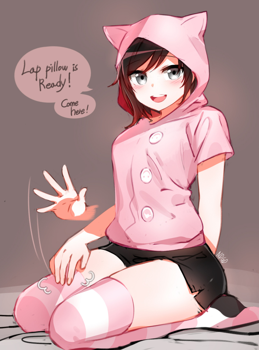 :d, animal_ears, black_hair, blush, cat_ears, grey_eyes, hand_on_thigh, highres