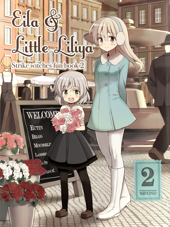 2girls, blonde_hair, bouquet, coat, dress, earmuffs, eila_ilmatar_juutilainen, flower