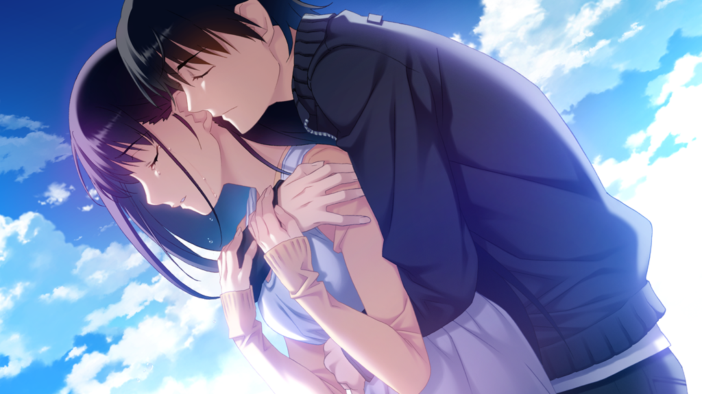 1boy, 1girl, black_hair, closed_eyes, game_cg, grisaia_no_rakuen, hug, hug_from_behind, kazami_yuuji, long_hair, sakaki_yumiko, short_hair, tears