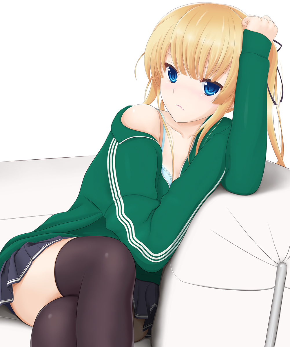 1girl, black_legwear, black_ribbon, blonde_hair, blue_bra, blue_eyes, bra, hair_ribbon