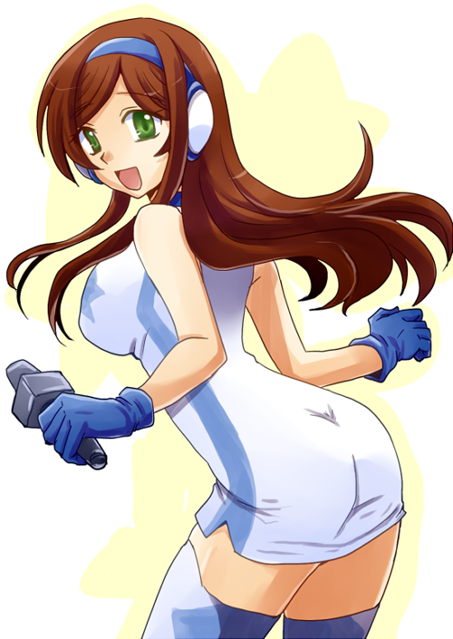 1girl, brown_hair, cowboy_shot, dress, from_behind, gloves, green_eyes, gundam