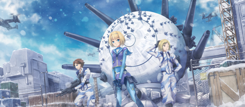 1girl, 2boys, asakurashinji, gun, handgun, havia_winchell, heavy_object, highres