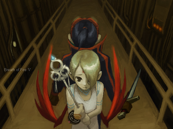 1boy, 1girl, breath_of_fire, breath_of_fire_v, dress, facial_mark, full_body_tattoo, green_hair