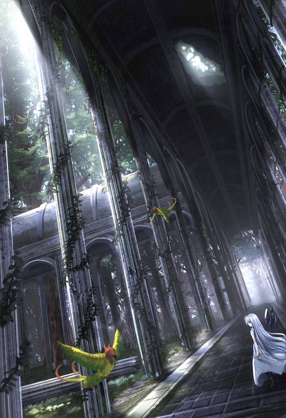 1girl, axe, battle_axe, bird, dappled_sunlight, dress, haru_(ryosios), highres, light_rays, long_hair, looking_back, original, overgrown, red_eyes, ruins, ryosios, scenery, silver_hair, solo, weapon, white_dress