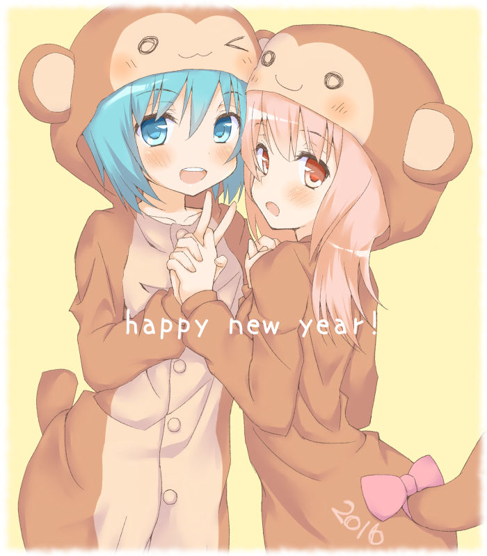 2016, 2girls, :d, animal_costume, blue_eyes, blue_hair, hair_down, happy_new_year, holding_hands, kaname_madoka, long_hair, mahou_shoujo_madoka_magica, miki_sayaka, misfit_funny, monkey_costume, monkey_ears, monkey_girl, multiple_girls, new_year, open_mouth, pajamas, pink_hair, short_hair, smile, v