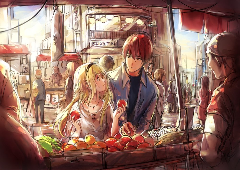 1boy, 1girl, apple, bag, blonde_hair, blue_jacket, blue_shirt, blue_sky