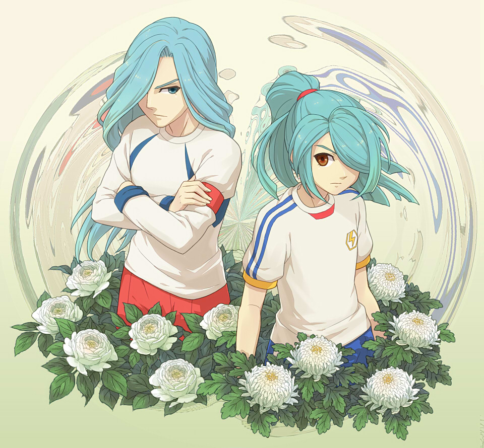 2boys, blue_eyes, blue_hair, brown_eyes, edgar_valtinas, flower, hair_over_one_eye, inazuma_eleven