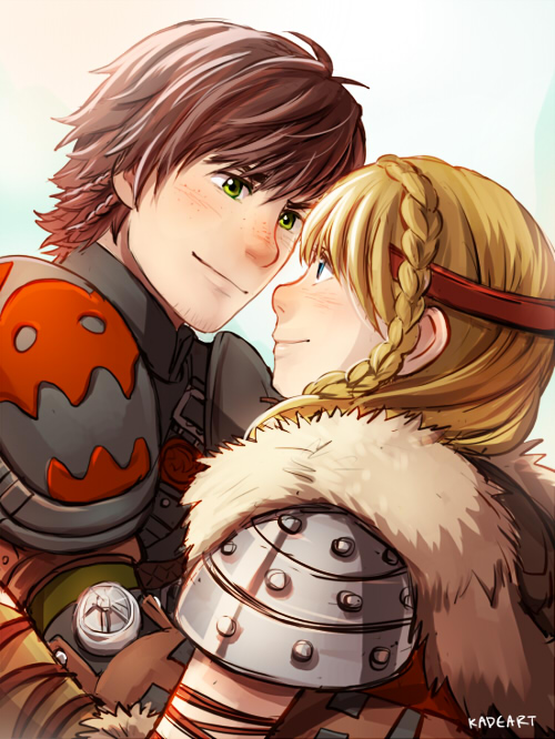 1boy, 1girl, astrid_hofferson, blonde_hair, blue_eyes, blush, braid, brown_hair