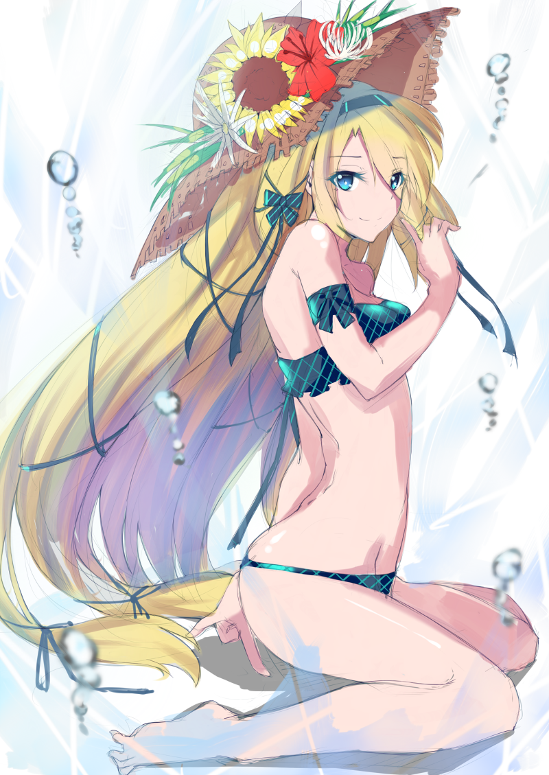 1girl, alternate_costume, bare_legs, bare_shoulders, barefoot, bikini, blonde_hair, blue_bikini