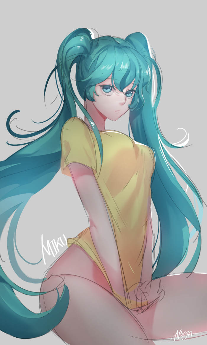 1girl, abeja, aqua_eyes, aqua_hair, artist_name, bottomless, character_name, grey_background, hatsune_miku, long_hair, looking_at_viewer, sitting, solo, twintails, very_long_hair, vocaloid