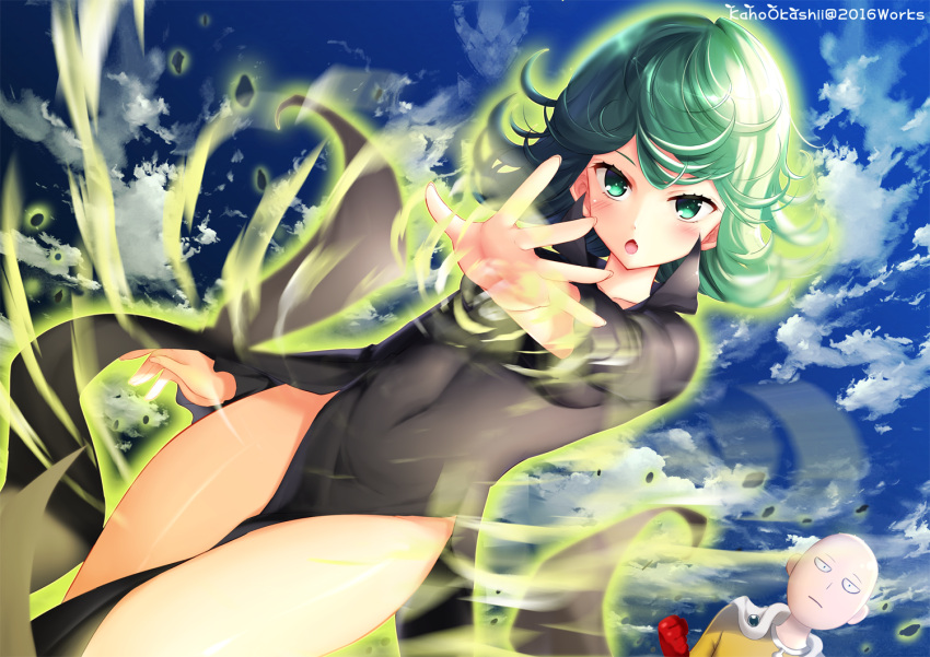 1girl, 2016, :o, artist_name, bald, black_dress, black_eyes, blue_sky, blush, bodysuit, cape, collar, collarbone, covered_navel, cowboy_shot, curly_hair, dress, dutch_angle, expressionless, floating_rock, green_eyes, green_hair, hips, kaho_okashii, levitation, long_sleeves, looking_at_viewer, onepunch_man, open_mouth, outstretched_arm, palms, red_glove, saitama_(onepunch_man), short_hair, sky, tatsumaki