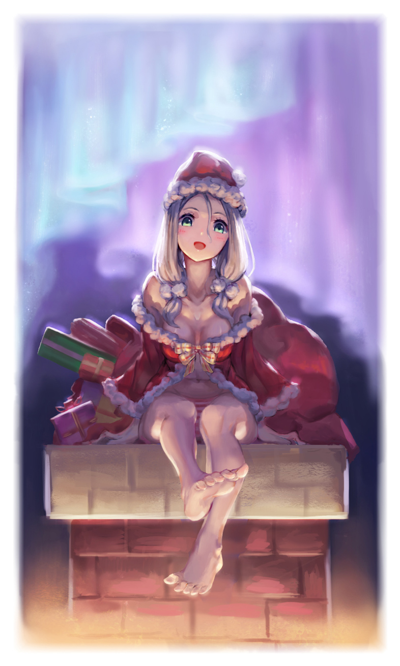 1girl, aurora, bare_shoulders, barefoot, blonde_hair, blush, box, chimney, christmas, coat, collarbone, ecens, feet, gift, gift_box, green_eyes, hat, highres, legs, long_hair, navel, night, original, panties, sack, santa_hat, sitting, smile, soles, solo, striped, striped_panties, toes, twintails, underwear