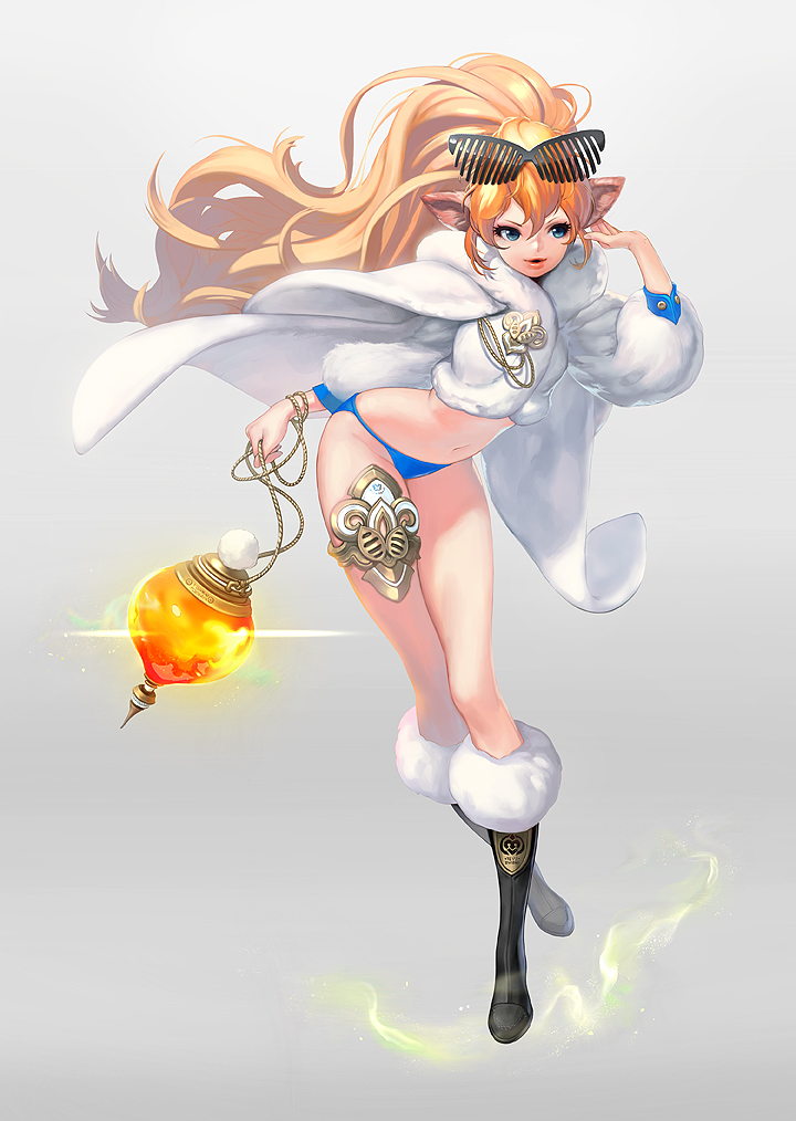 1girl, animal_ears, bangs, bikini_bottom, blonde_hair, blue_eyes, boots, brooch, cape, cat_ears, danu_kim, fur_trim, gradient, gradient_background, hair_ornament, jacket, jewelry, knee_boots, lamp, long_hair, looking_away, midriff, navel, original, ponytail, rope, simple_background, solo, very_long_hair, wavy_hair