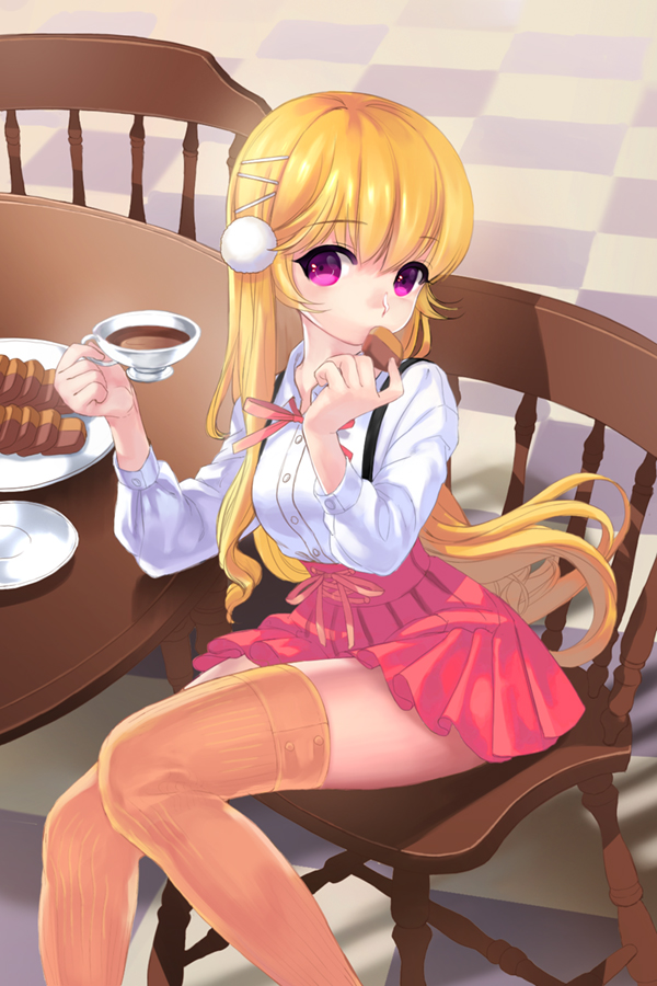 1girl, bad_perspective, bangs, blonde_hair, bow, chair, cookie, cup