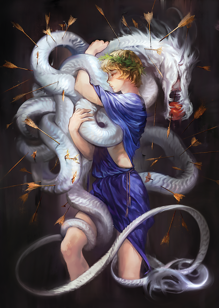 1boy, apple, arched_back, arrow, belt, blonde_hair, chiaroscuro, creature
