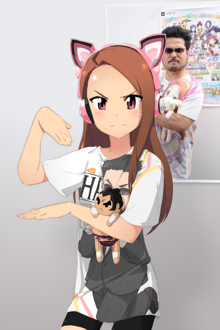 1boy, 1girl, bike_shorts, black_hair, blush, brown_hair, cat_ear_headphones, character_doll