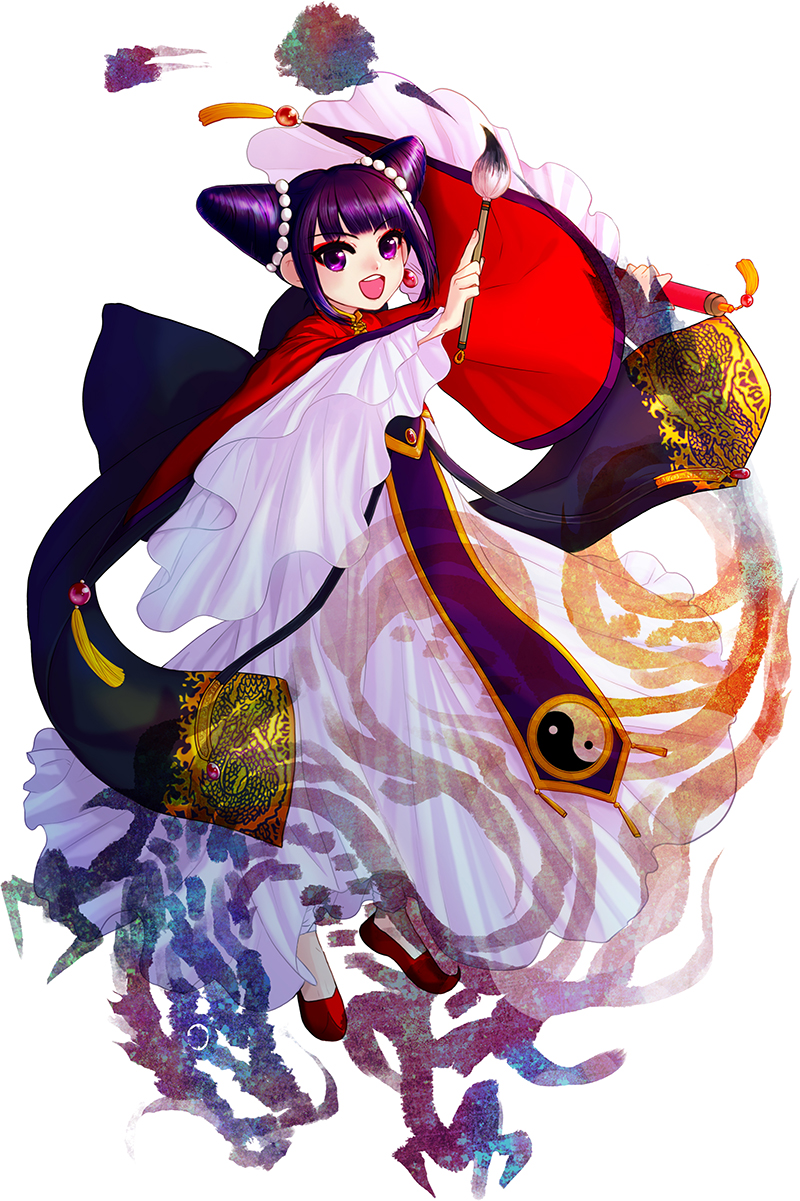 1girl, :d, asuka_(rayearth), bangs, blunt_bangs, brush, double_bun, dragon_print