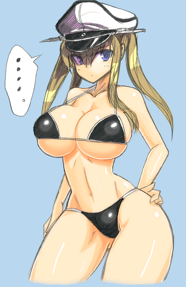 1girl, bikini, blonde_hair, blue_eyes, graf_zeppelin_(kantai_collection), hat, kantai_collection, kobonta