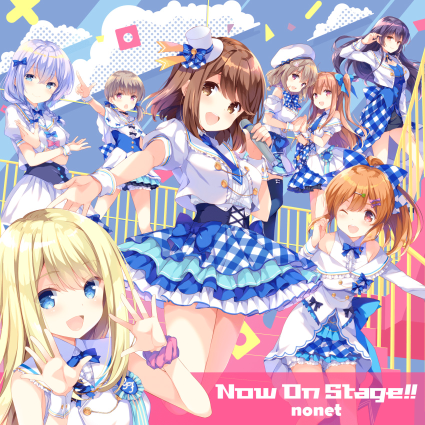 6+girls, :d, ahoge, asahina_momoko, black_hair, blonde_hair, blue_eyes, bow