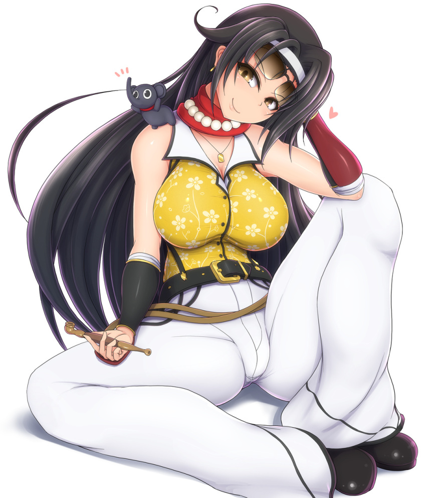 1girl, belt, black_hair, breasts, brown_eyes, cleavage, elephant, highres, jasmine_(senran_kagura), jewelry, large_breasts, necklace, pants, pipe, ponpo, senran_kagura, senran_kagura_(series), simple_background, solo, sunglasses, white_background
