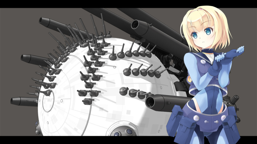 1girl, adjusting_clothes, adjusting_gloves, baby_magnum, blonde_hair, blue_eyes, blue_gloves, bodysuit