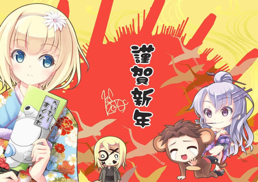 2boys, 2girls, animal_costume, blonde_hair, blue_eyes, crying, flower, frolaytia_capistrano
