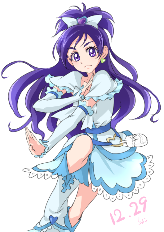 1girl, arm_warmers, boots, bow, chocokin, cure_white, dated, earrings