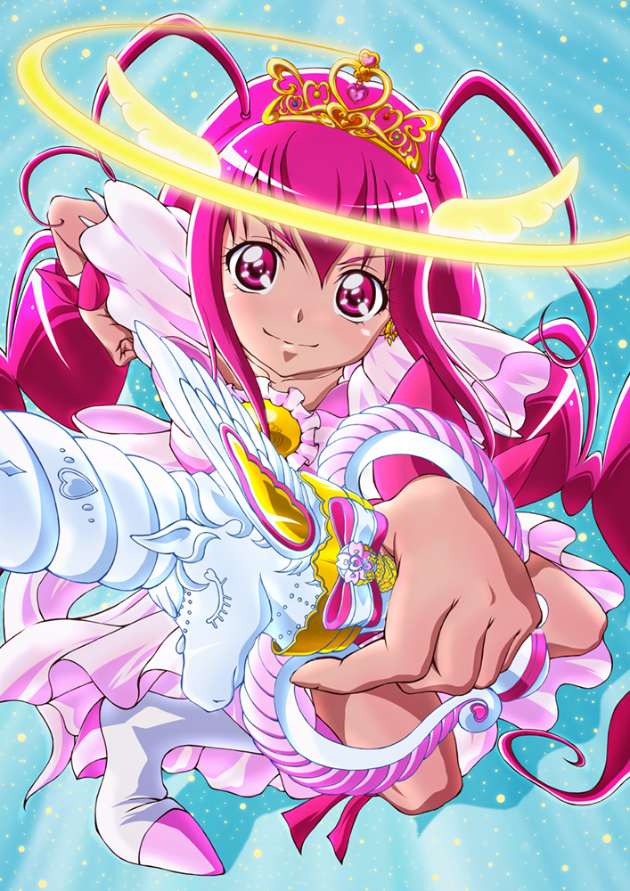 1girl, aikawa_yousuke, antenna_hair, blue_background, boots, brooch, cure_happy, earrings