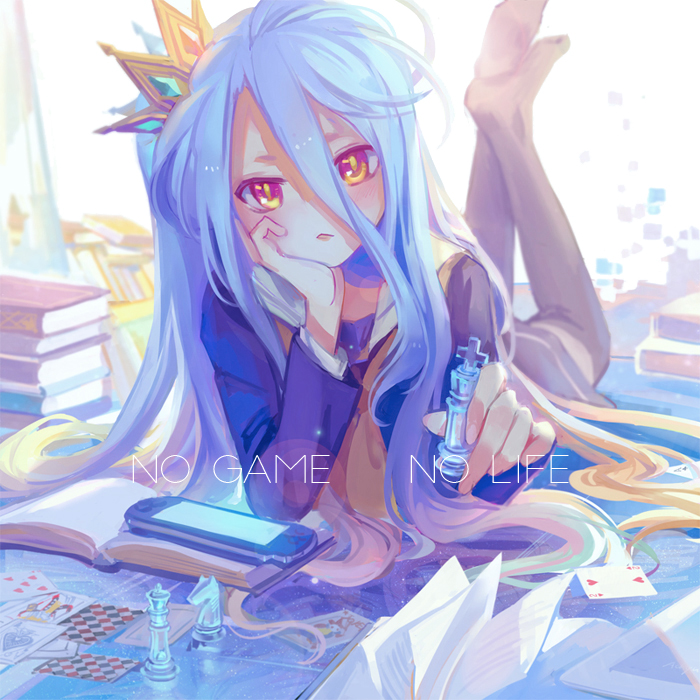 1girl, :<, achyue, argyle, bishop_(chess), black_legwear, blonde_hair, blue_hair, blush, book, book_stack, card, chess_piece, copyright_name, crown, game_console, green_hair, hair_between_eyes, hand_on_own_cheek, head_rest, hearts_(playing_card), holding, indoors, king_(chess), knight_(chess), long_hair, long_sleeves, looking_at_viewer, lying, multicolored_eyes, no_game_no_life, no_shoes, on_stomach, open_book, playing_card, red_eyes, revision, school_uniform, serafuku, shiro_(no_game_no_life), solo, spade, thigh-highs, very_long_hair, yellow_eyes