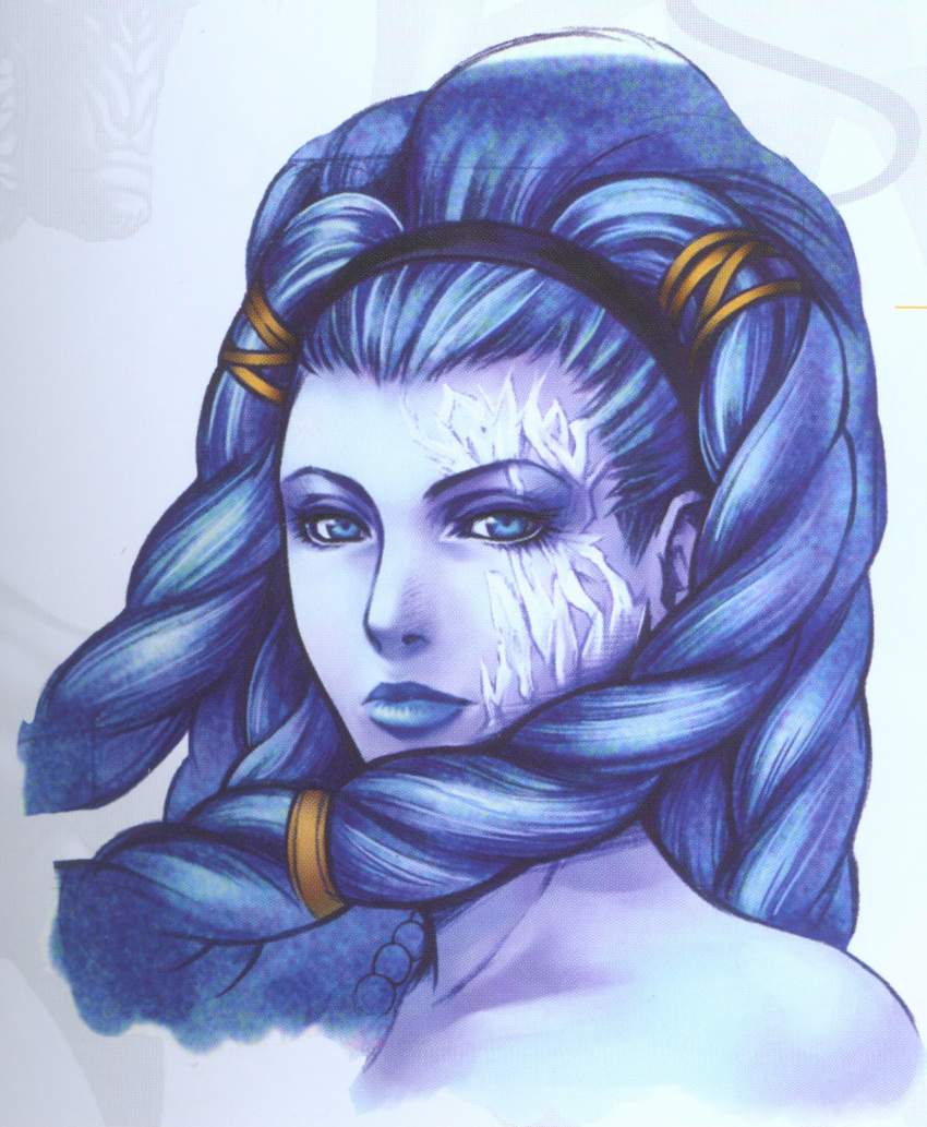 1girl, blue_eyes, blue_hair, blue_lips, blue_skin, braid, closed_mouth, face