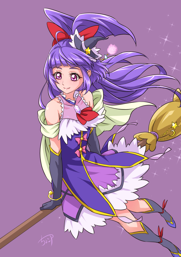 1girl, black_boots, black_gloves, boots, bow, brooch, broom, broom_riding